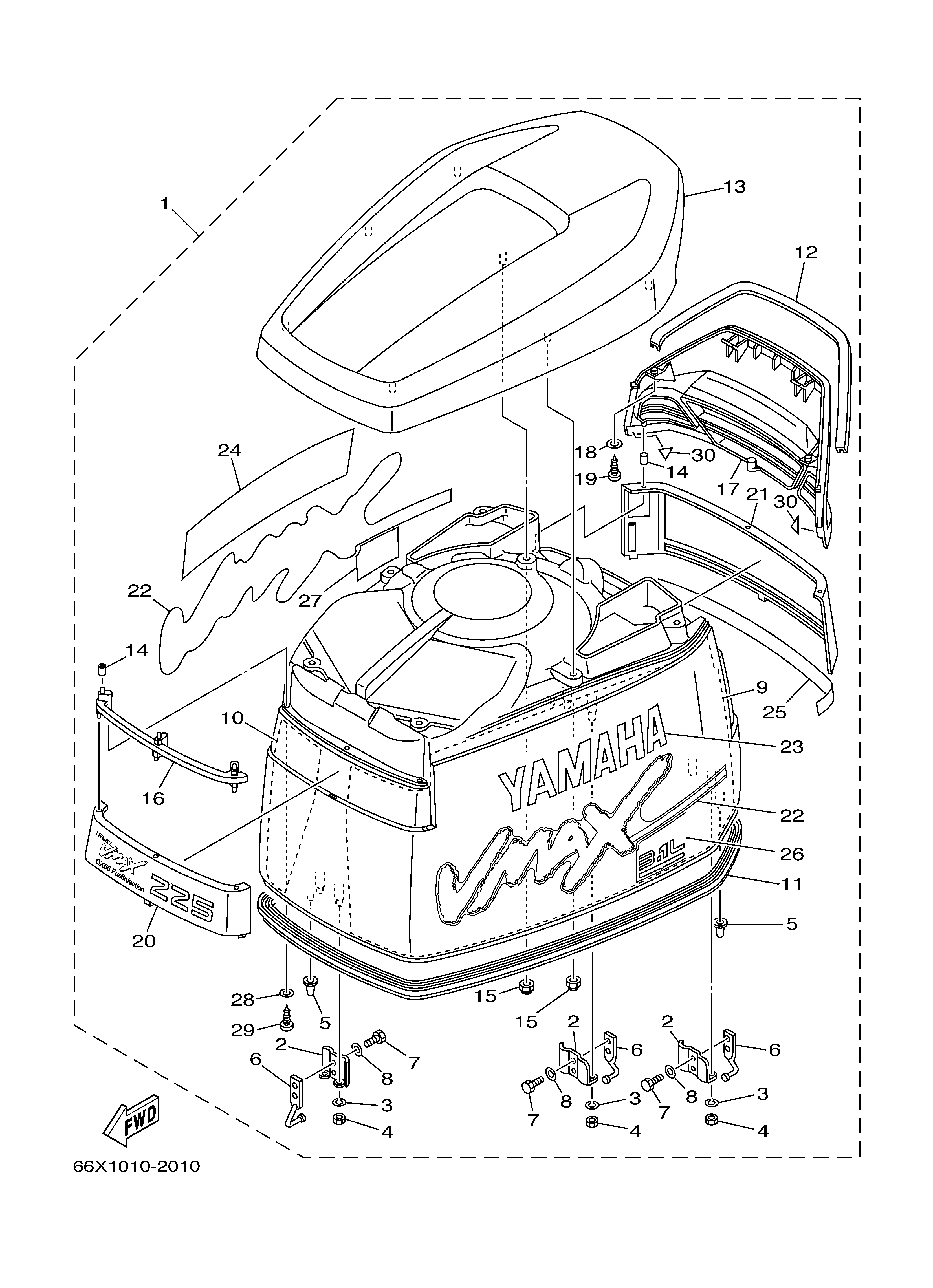 Yamaha 200HP VX200TLRC 2004 Top Cowling Diagram 66X1010-2010